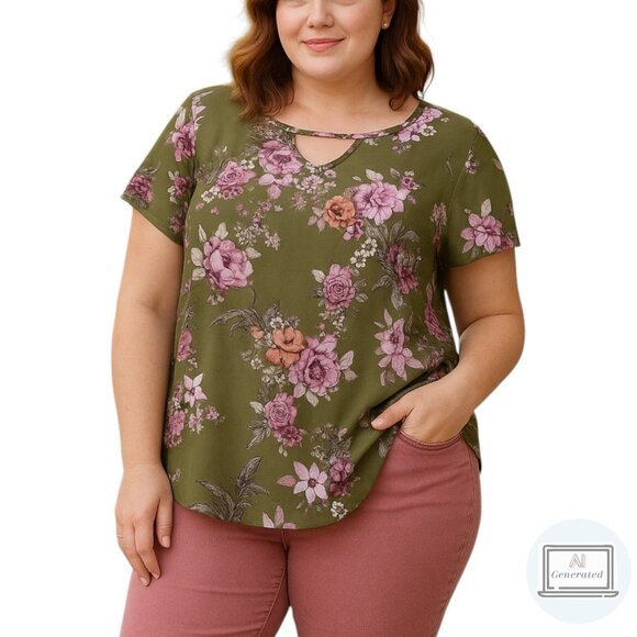 Torrid Womens Top Keyhole Cutout Georgette Blouse Green Floral Plus Size 2 | 2X - Picture 1 of 14
